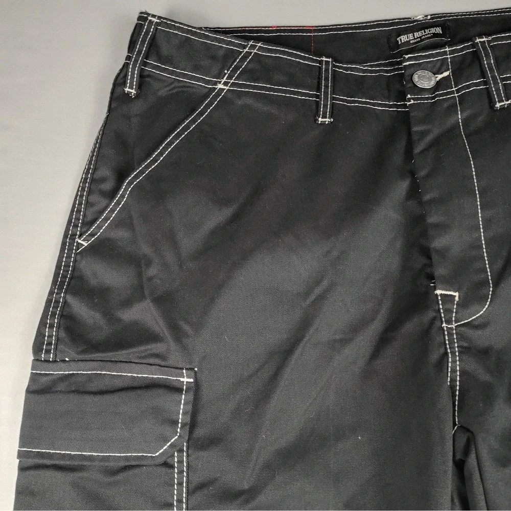NWT True Religion Cargo Pants Mens 36x31.5 Black Straight White Contrast Stitch